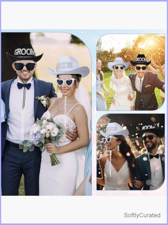 Bride and Groom Rhinestone Cowboy Hat Set with Veil, Earrings & Sunglasses for main image 4